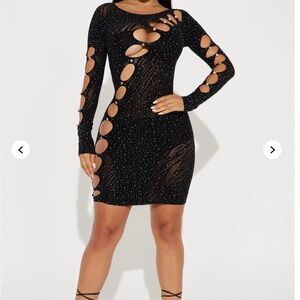 Fashion Nova Black Cut-Out Long Sleeve Dress with Jewel Accents. Very Stretchy!